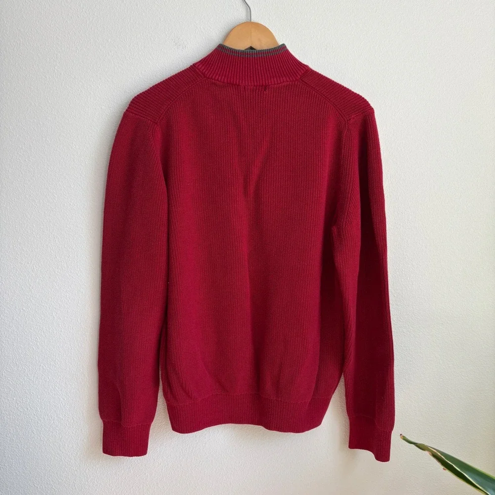 IZOD Mens Red Ribbed Quarter Zip Pullover Sweater Grey Trim Large L Classic